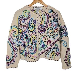 Vintage Kitty Hawk Vivian Wang Angora Wool Embroidered Statement Cardigan Large